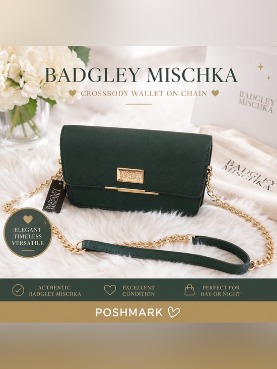Badgley Mischka Handbags - Badgley Mischka Deep Green Crossbody Wallet with Gold I Chain